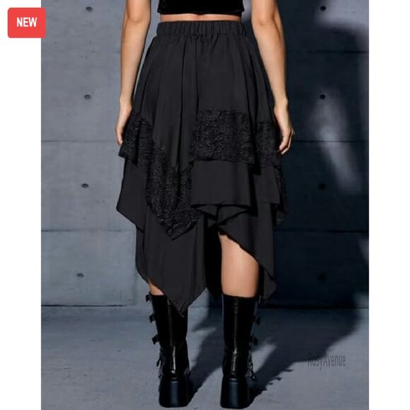 Gothic Lace Midi Skirt Asymmetrical A-Line High Waist Steampunk - Picture 4 of 8